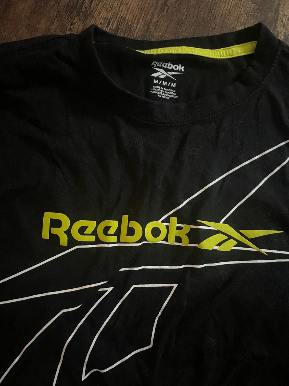 Reebok Men’s Black Tee with Lime Logo and White Graphic